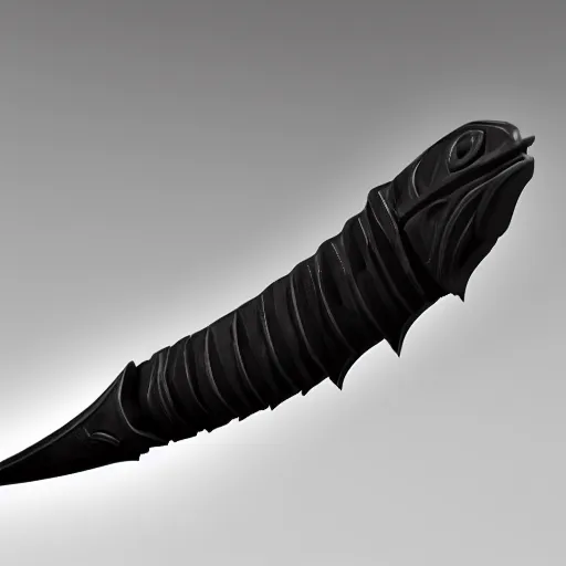 Image similar to a black long sword skull crest, orthographic, ornament, weapon, a 3 d render by dom qwek, front side views full, trending on polycount, artstation, hard surface modeling, rendered in maya, 3 ds max, blender, hd, vray