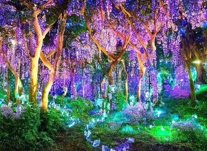 Image similar to a magical forest with crystal flowers that glow in the dusk,