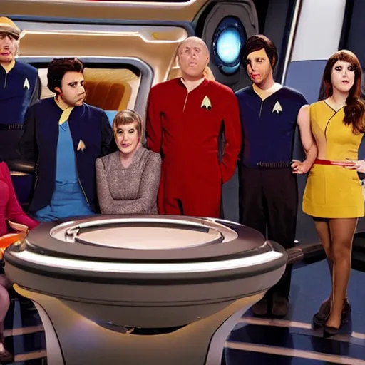 Image similar to Johnny Galecky,Bob Parsons, Kaley couco, Kunal Nayyar, Mayim Bialik,Simon Helberg,Melissa Rauch on star trek