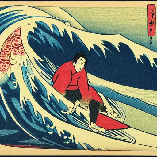 Image similar to man surfing, woodblock print, style of hokusai, fine art, style of kanagawa, painting