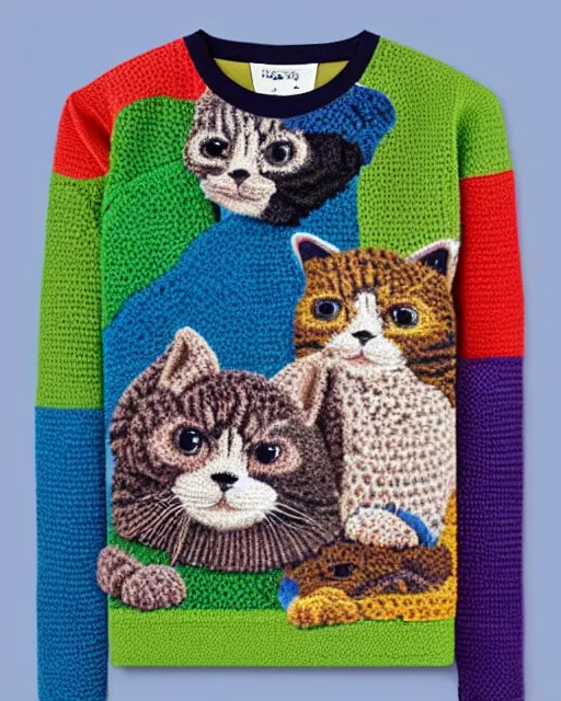 Prompt: a sweatshirt with multicolored crocheted cats on the front, catalogue photo,