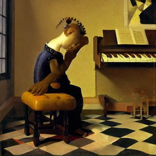 Image similar to octopus playing piano, sitting on the piano stool, oil painting, vermeer