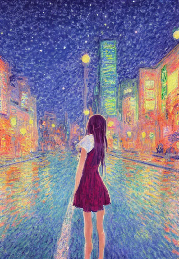 Image similar to wide angle portrait of a teenage girl, a thrifty outfit, very anime in impressionist style, city street view background, starlit night sky, trending artwork, illustrated in anime painter studio, by claude monet