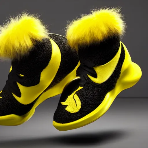 Image similar to nike pikachu model shoe made of very fluffy yellow faux fur placed on reflective surface, professional advertising, overhead lighting, heavy detail, realistic by nate vanhook, mark miner