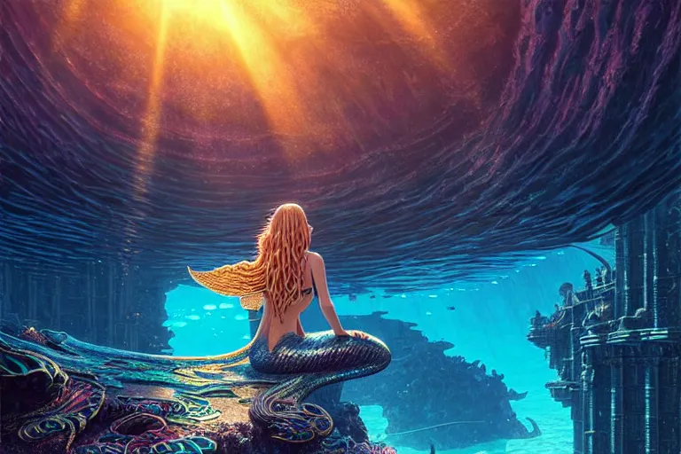 Prompt: a beautiful mermaid looking at the sunken city of Atlantis under water, ray of sunlight, stunning grand architecture, art by Alena Aenami, 8k octane beautifully detailed render, post-processing, extremely hyperdetailed, intricate, epic composition, grim yet sparkling atmosphere, cinematic lighting + masterpiece, trending on artstation, very detailed, vibrant colors, Art Nouveau, volumetric god rays, deep underwater scene, sharp focus, smooth, dizzy, moody