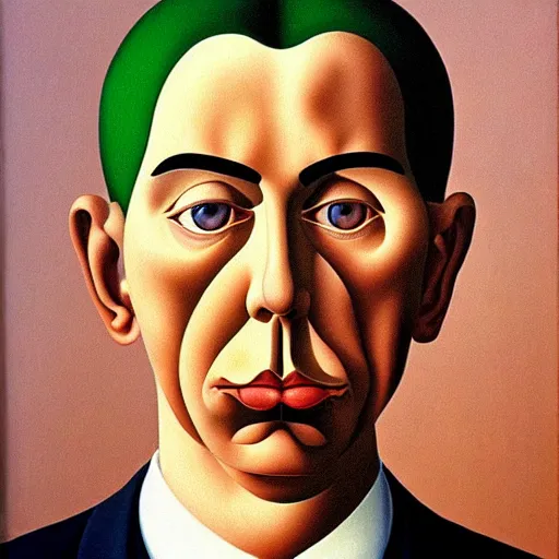 Prompt: a portrait a very ordinary person, by Rene Magritte, surrealism, art deco, anatomically correct, beautiful perfect face, sharp focus, Highly Detailed