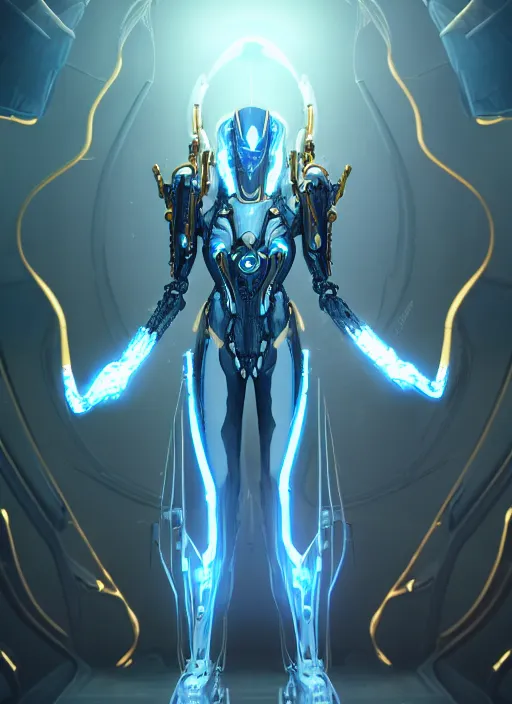 Image similar to benevolent cyborg necromancer, scifi, futurism, alien room background, white, blue, gold, protoss, warframe, highly detailed, trending on artstation, soft light, sharp edges, illustration, spiritual, technology, character design, art by vitaly bulgarov and nivanh chanthara