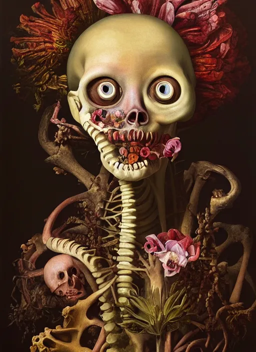 Prompt: strange, looming head, biomorphic painting of a woman with large eyes, flowers and bones, deep rich colours by, rachel ruysch, and charlie immer, highly detailed, emotionally evoking, head in focus, volumetric lighting, oil painting, timeless disturbing masterpiece