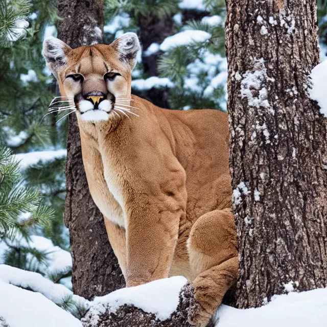 Image similar to magazine page showing 'a cougar sleeping in the middle of snowy pine tree' laying on coffee table, zoomed out shot, HD