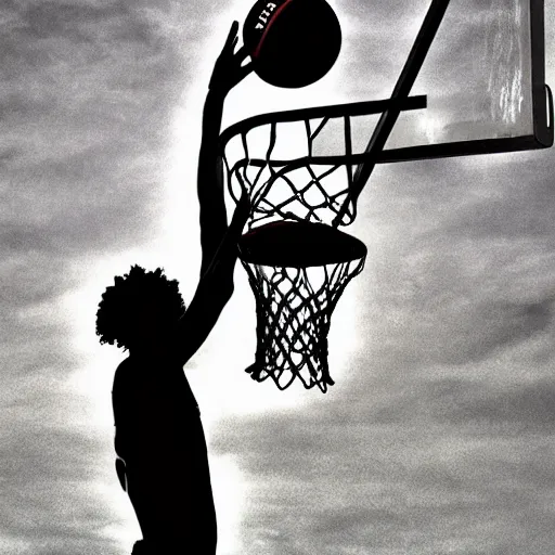 Image similar to caparezza dunking a basketball, phone photo, outside, small basketball field, daylight, artistic composition, realistic