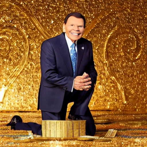 Image similar to kenneth copeland on his knees praying, surrounded by gold and money