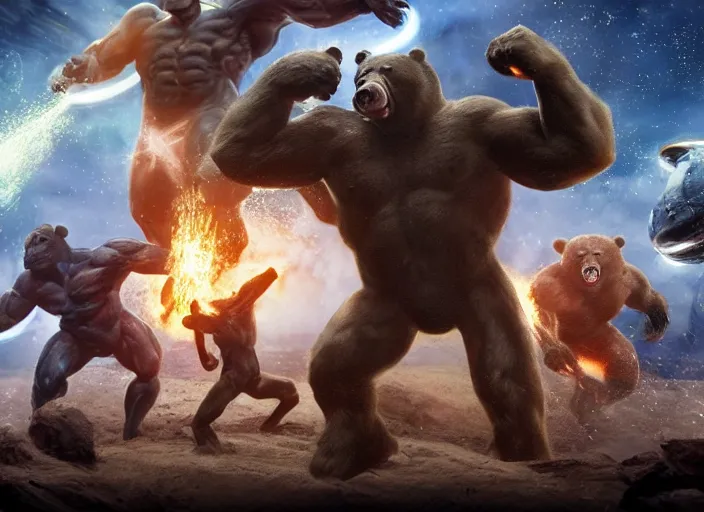 Image similar to photo of muscular bears, playing intergalactic championship versus chitauri. Highly detailed 8k. Award winning.