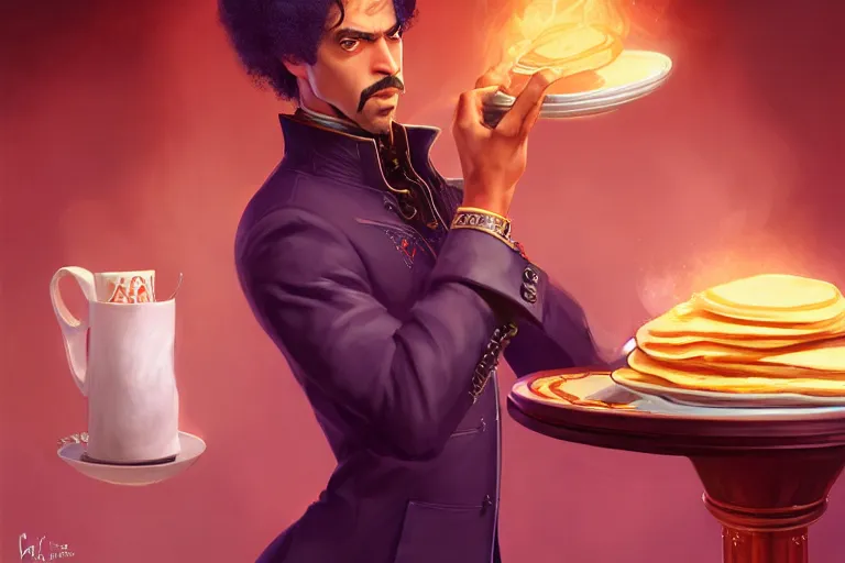 Image similar to portrait of the artist formally known as prince with a plate of pancakes, casino on fire los vegas, charlie bowater, artgerm, ilya kuvshinov, krenz cushart, ruan jia, realism, ultra detailed, 8 k resolution