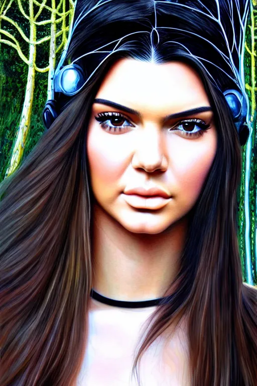 Prompt: realistic detailed face portrait painting of the beautiful kendall jenner with long hair with sci-fi headwear, futuristic sci-fi forest on background by HR GIGER