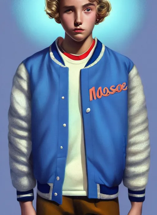 Image similar to portrait of a teenage boy named moose mason, blonde short hair, jock, beefy, square jaw, square facial structure, 1 9 5 0 s, blue varsity jacket, intricate, elegant, glowing lights, highly detailed, digital painting, artstation, concept art, smooth, sharp focus, illustration, art by wlop, mars ravelo and greg rutkowski