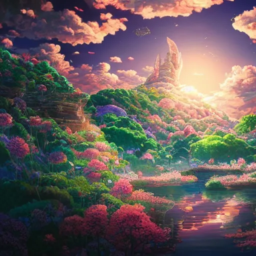 Image similar to the aesthetic view of the beautiful, grand, wistful, dreamy lonely island at dusk, hyperrealistic anime illustration by iralki nadar, colorful, extremely detailed, intricate linework, super sharp focus, bright colors, octopath traveler, studio ghibli, unreal engine 5 highly rendered, global illumination, radiant light, detailed and intricate environment