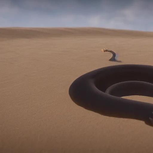 Prompt: gigantic sandworm busting out of the sand, realistic movie still, 4 k, sand is flying around