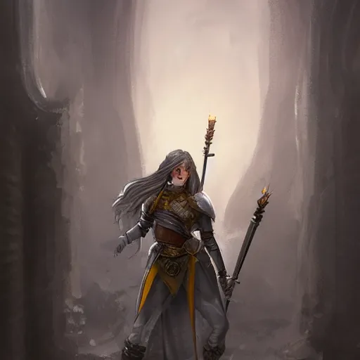 Prompt: Concept art of swordsman with yellow eyes carrying a torch inside a decaying ancient fantasy temple. She wears a rusty silver armor, trending on artstation, dark fantasy, concept art