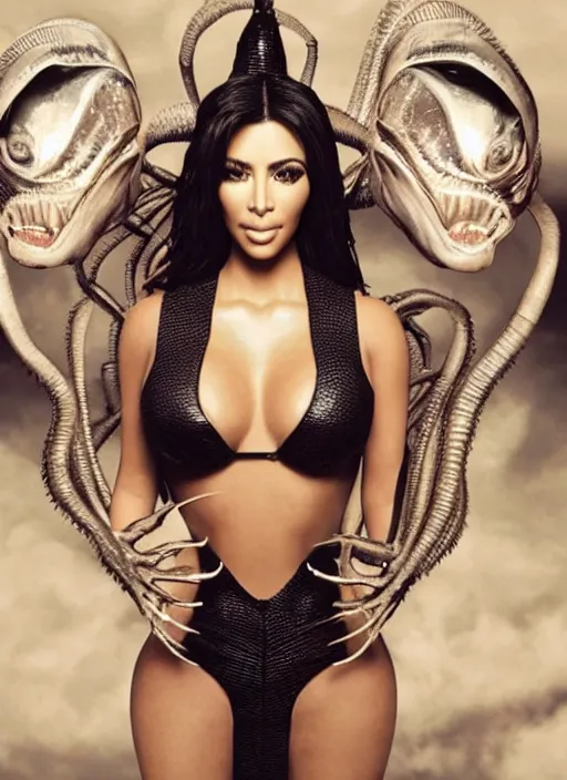 Image similar to photo still full pov of a kim kardashian with a alien facehugger over her face, cinematic full shot.