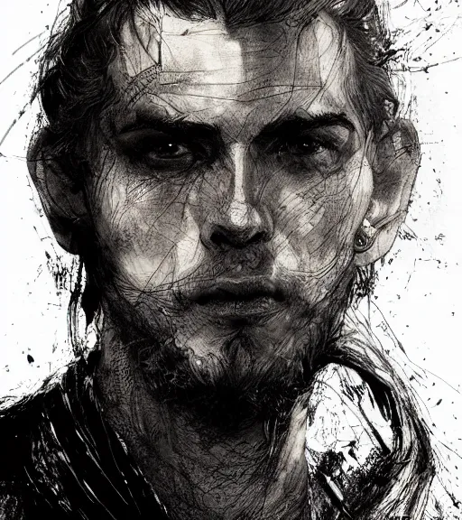 Image similar to portrait of clean - shaven man with pony - tail hair up wearing black robes, pen and ink, intricate line drawings, by craig mullins, ruan jia, kentaro miura, greg rutkowski, loundraw
