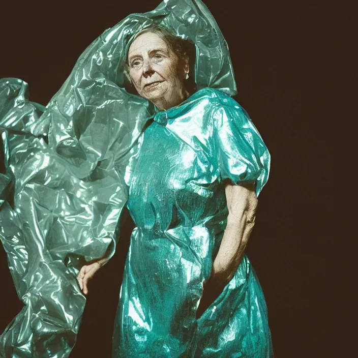 Prompt: closeup portrait of a woman wrapped in teal cellophane, standing in a derelict planetarium, color photograph, by paula rego, canon eos c 3 0 0, ƒ 1. 8, 3 5 mm, 8 k, medium - format print