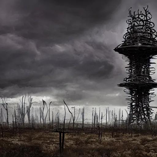 Image similar to giant evil bio-organic fleshy complex machine tower with tendrils and one eyeball at the top looking over a stormy post-apocalyptic wasteland, dystopian art