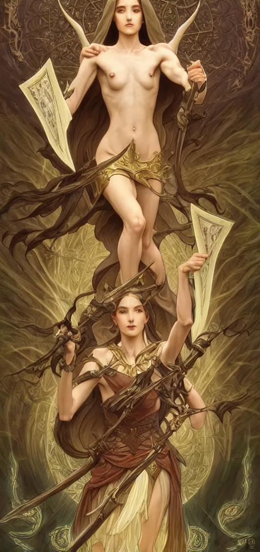 Image similar to perfectly detailed deedlit record of lodoss war tarot card!! blessed by nature with ever - increasing physical mental perfection, symmetrical! intricate, sensual features, highly detailed, biblical divine holy perfection!! digital painting, artstation, concept art, smooth, sharp focus, illustration, art by artgerm and greg rutkowski and alphonse mucha