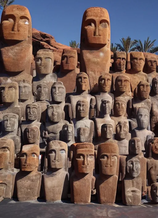 Image similar to legions of moai levitating over las vegas casinos in the style of alex grey