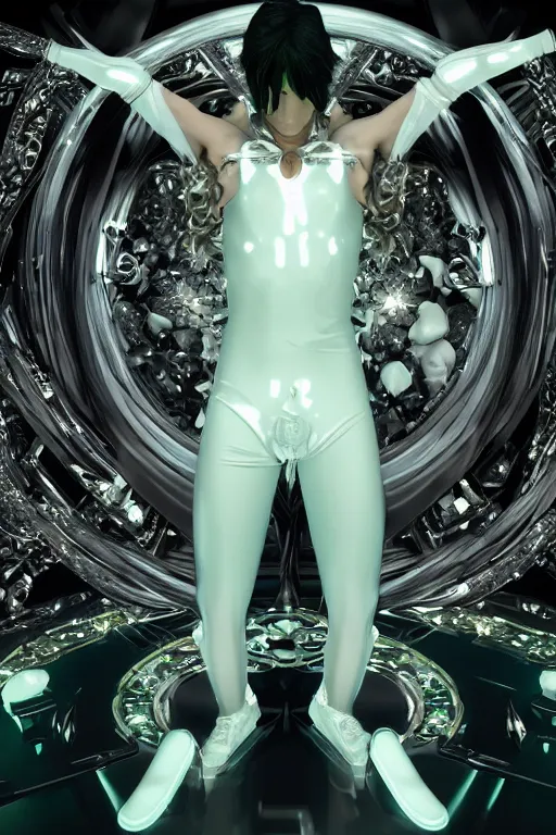 Prompt: full-body rococo and cyberpunk style crystal quartz sculpture of a young handsome seductive chilean android gogo boy reaching for the moon, glowing white laser eyes, crown of black gears and diamonds, swirling green-colored silk fabric. futuristic elements. full-length view. intricate artwork by caravaggio. Trending on artstation, octane render, cinematic lighting from the right, hyper realism, octane render, 8k, depth of field, 3D