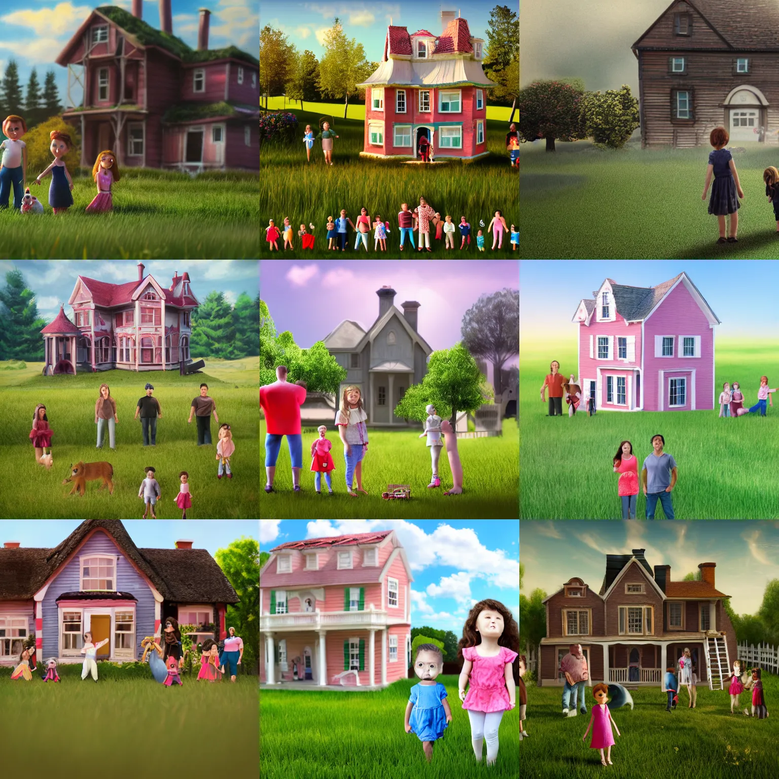 Prompt: family in front of giant dollhouse on a grass field, matte painting, smooth, sharp focus, highly detailed, trending on artstation