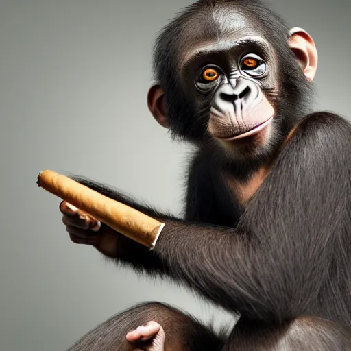 Image similar to a high detail shot of a chimp wearing a suit, smoking a cigar, render, cgsociety, photorealism