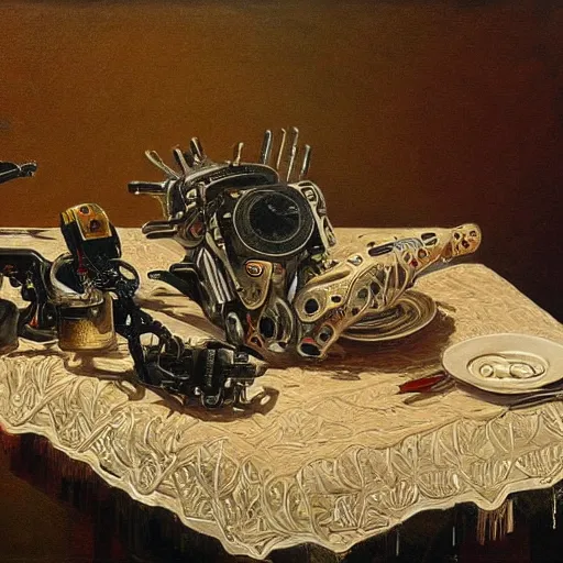 Prompt: still life of cyborg body parts, on a table with an ornate patterned tablecloth, beautiful painting by lucien levy - dhurmer, moody lighting