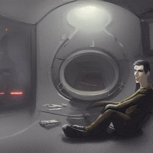 Image similar to concept art by greg rutkowski, a very tall, and slender man with messy black hair, wearing a beige and black sweater, sitting in the spaceship command bridge, brutalist futuristic interior, dark lighting atmosphere, detailed portraits, nostalgic atmosphere, scifi, digital painting, artstation, concept art, smooth, sharp foccus ilustration, artstation hq