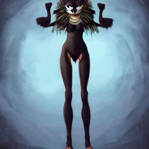 Prompt: “ full body of a very strong and thin feline human female with beautiful face, bald head with exotic headdress, dark black skin, exotic costume, fantasy digital art by randy vargas, concept art, featured on artstation ”