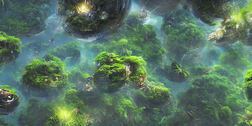 Prompt: floating jungle islands in Space, sci-fi art