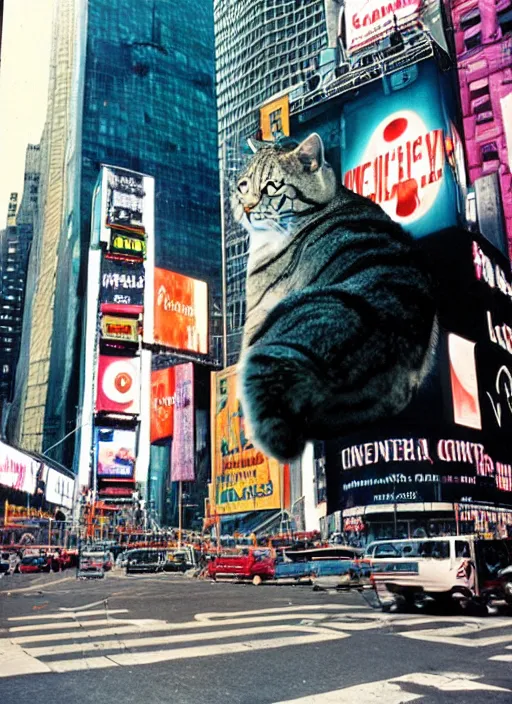 Image similar to a giant cat in times square, cinestill