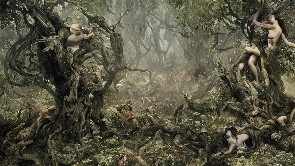 Image similar to Adam and eve with a screaming worm monster, the tree of life, maximalist, high detail, 8k, ornate, dark fantasy, realistic, masterpiece, complex, WLOP, film still from the movie directed by Denis Villeneuve, wide angle