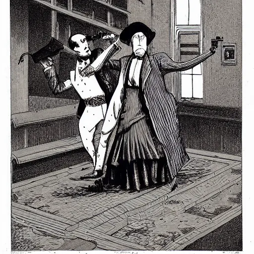 Prompt: a macabre victorian illustration by edward gorey of steampunk ghostbusters chasing ghosts and shooting at ghosts with ray - guns, in buildings or in the streets.