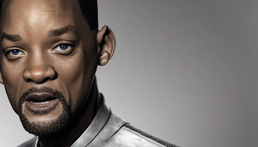 Image similar to will smith in star trek, grey background, hyperdetailed, artstation, cgsociety, 8 k