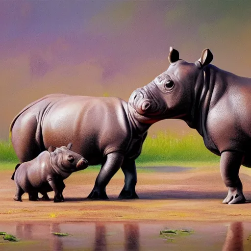 Image similar to animal friends baby hippo and baby rhino playing together in the mud detailed painting 4k in the style of mark brooks