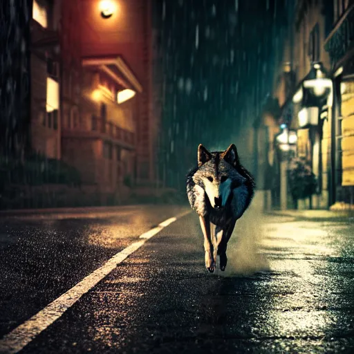 Image similar to an anthropomorphic male wolf running in the streets, night, rain, cinematic, photograph, volumetric lighting, f 8 aperture, cinematic eastman 5 3 8 4 film, photorealistic