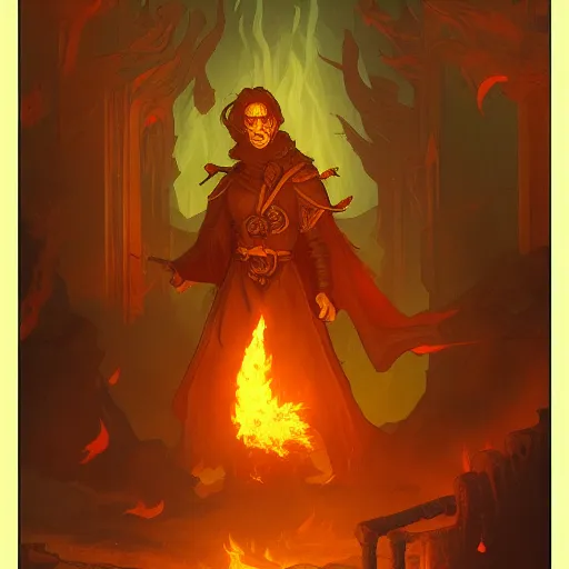 Image similar to a pyromancer is with fire , medium level shot , epic scene, Mucha style , Grim fantasy, illustration ,concept art,