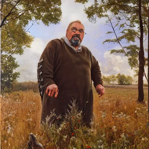 Prompt: Gary Gygax Gary Gygax plays dungeons and dragons in the middle of a field, game dungeons and dragons, Rye (Shishkin), painting by Ivan Shishkin, Ernest Gary Gygax face, photo by Gary Gygax, painting by Valentin Serov, oil painting, hyperrealism, beautiful, high resolution,