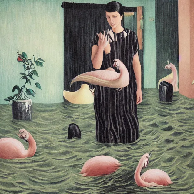 Image similar to tall female emo artist in her flooded kitchen, water gushing from ceiling, painting of flood waters inside an artist's home, a river flooding indoors, pomegranates, pigs, ikebana, zen, water, octopus, river, rapids, waterfall, black swans, canoe, berries, zen, acrylic on canvas, surrealist, by magritte and monet