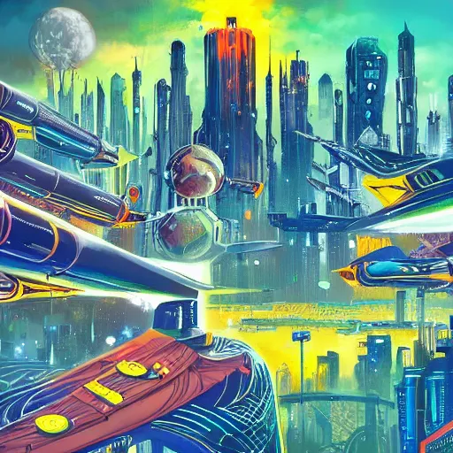 Prompt: Sci Fi 80’s Pulp Illustration in the style of David A. Trampier and Syd Mead, HD, splash page, Ink and Oil Paint, Starships, Cityscape, Utopian City, Crowd, epic art, landscape 4K,