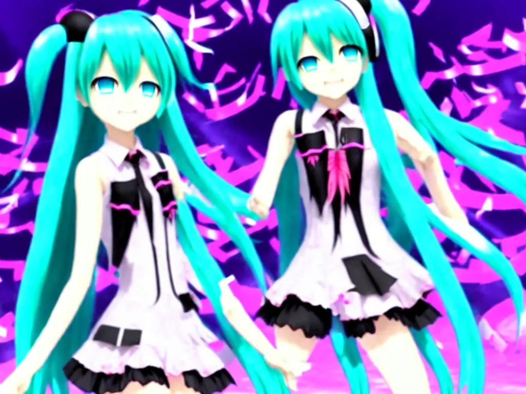 Image similar to hatsune miku dancing with the devil in hell