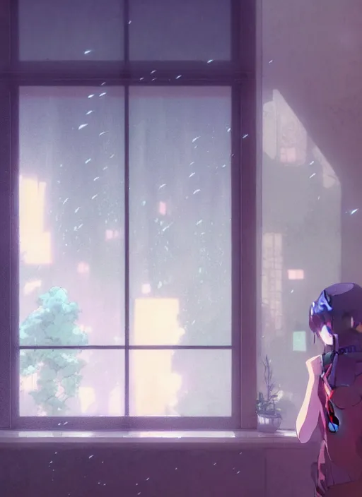 Image similar to interior, near the window, focus the window, rainy outside the room, illustration concept art anime key visual trending pixiv fanbox by wlop and greg rutkowski and makoto shinkai and studio ghibli