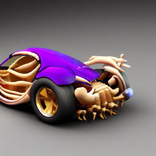 Image similar to a purple sports car shaped like a trilobite, ribs, scales, plates, octane engine, hd