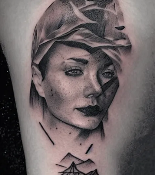 Image similar to double exposure of a beautiful mountain scenery with a beautiful woman face, tattoo design sketch, in the style of matteo pasqualin, hyper - realistic, amazing detail, black and white, faded