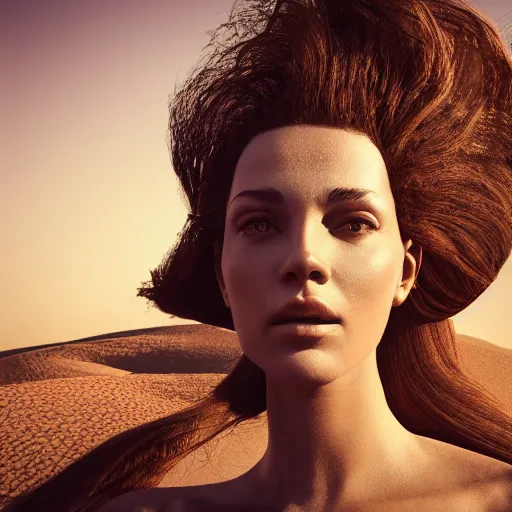 Image similar to a gorgeous goddess face arising out of the desert sand, photorealistic, beautiful dynamic dramatic, shadows, cinematic atmosphere, octane render, 8 k